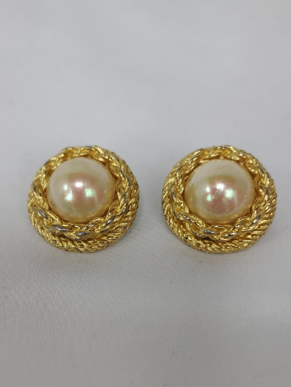 Vintage Christian Dior Central Faux Pearl Rope Boarder Clip On Earrings